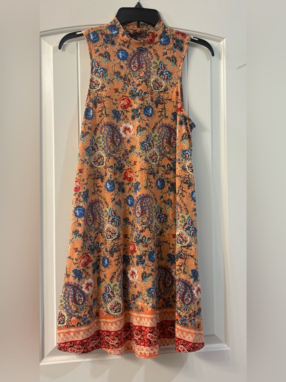 Angie Floral Paisley Swing Mini Dress M Boho Mock Neck